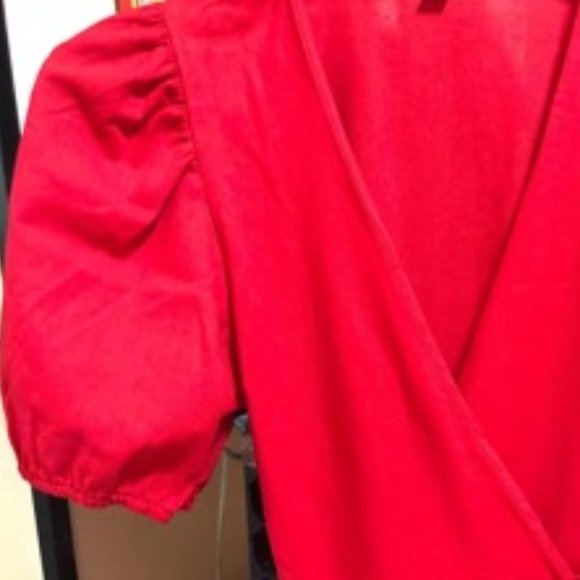 Lady in Red Puff Sleeved Ruffle Trim Wrap Dress - Picture 8 of 11